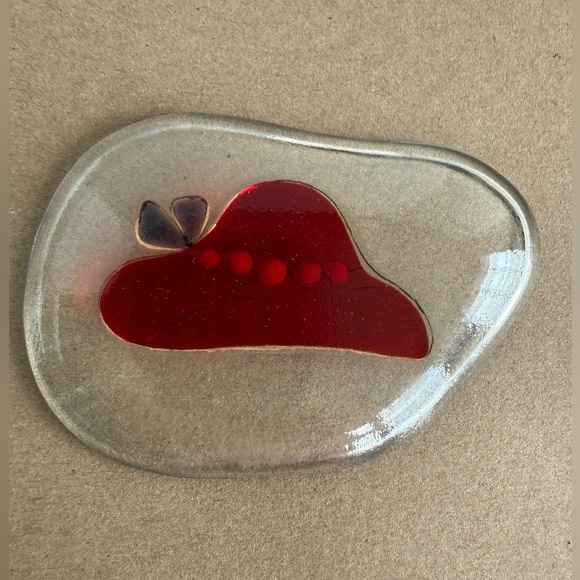 Vtg Red Hat Society Glass Dish Fused Red Glass w Yellow Beads and Purple Bow - Picture 3 of 5